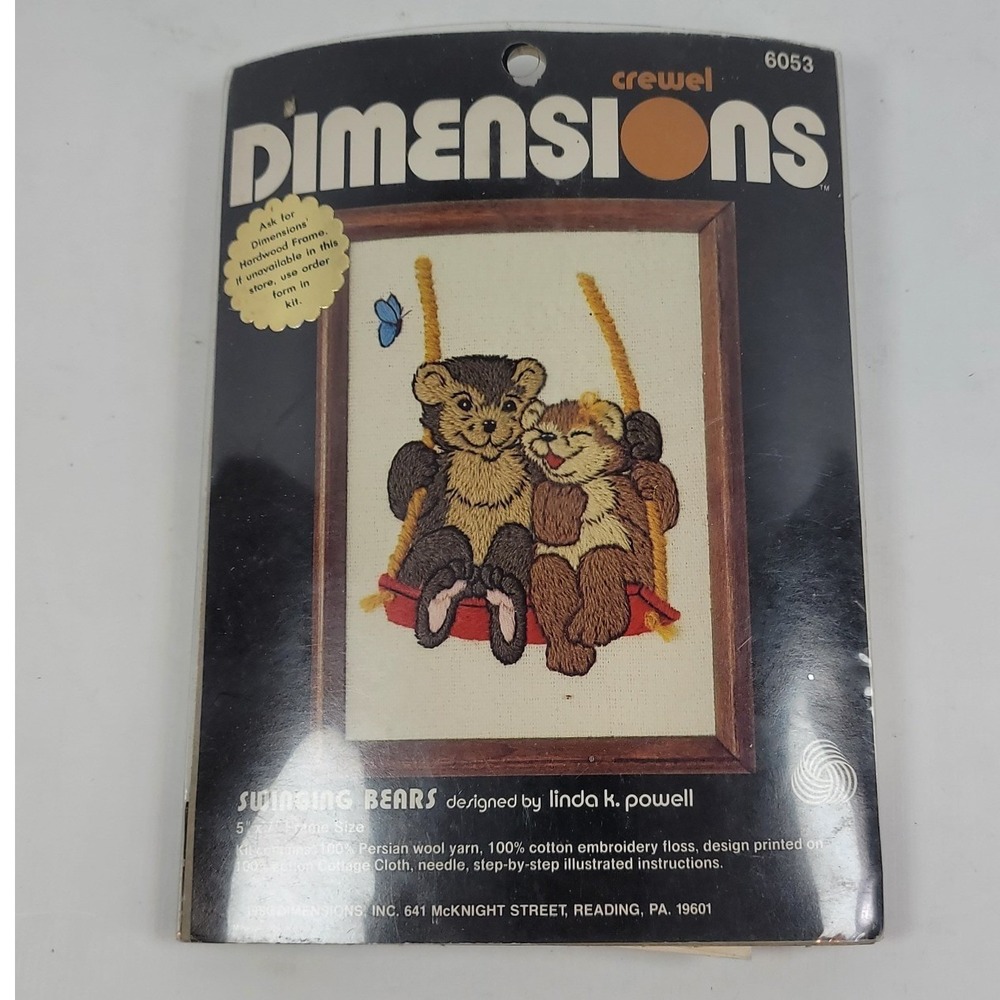 Vintage 1980 Dimensions Crewel Kit Swinging Bears Linda K Powell 6053 5x7